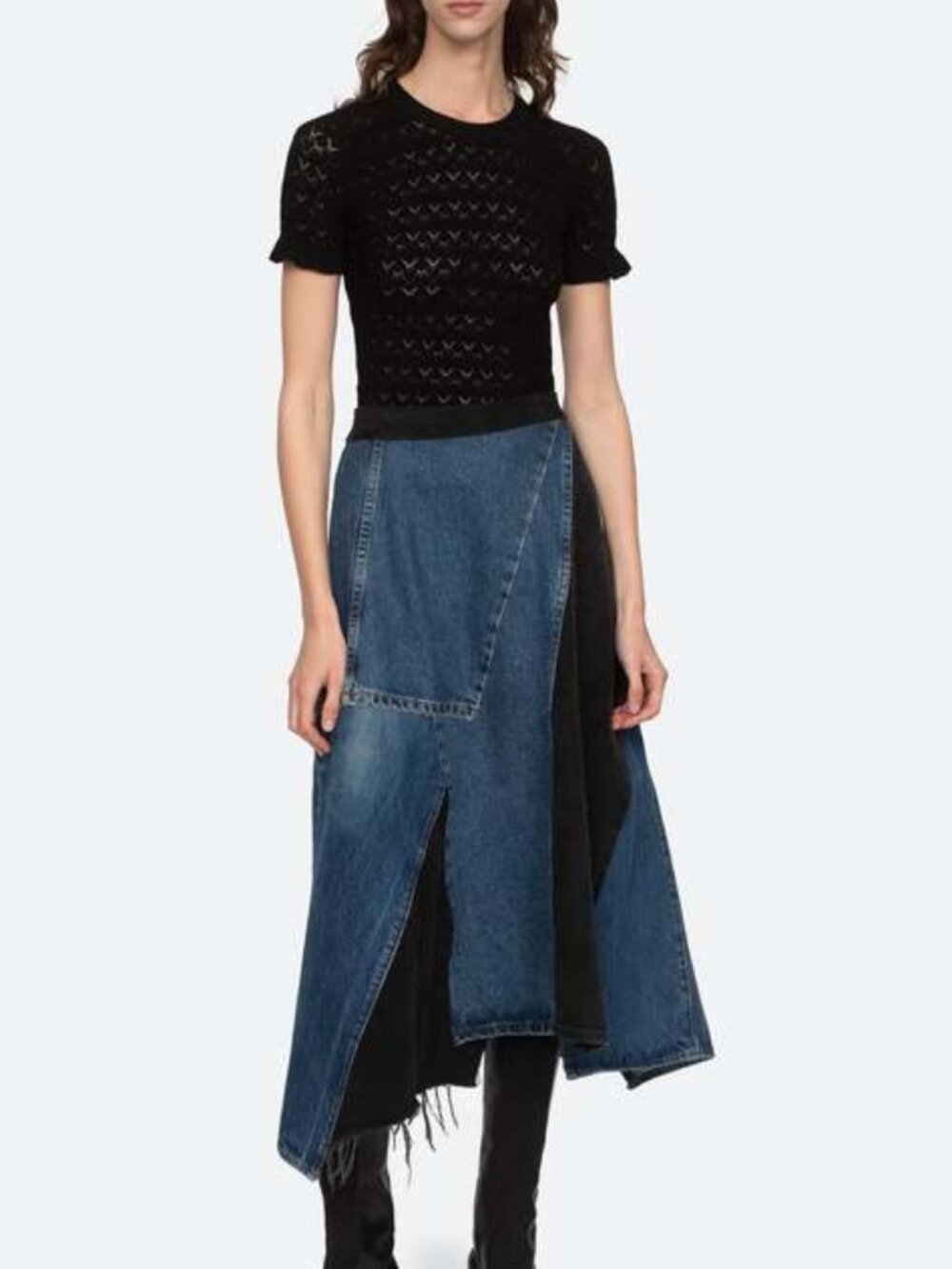 SEA New York Elena Skirt baggy pieced Denim Patchwork Midi Grunge asymmetric 6 - Picture 5 of 16